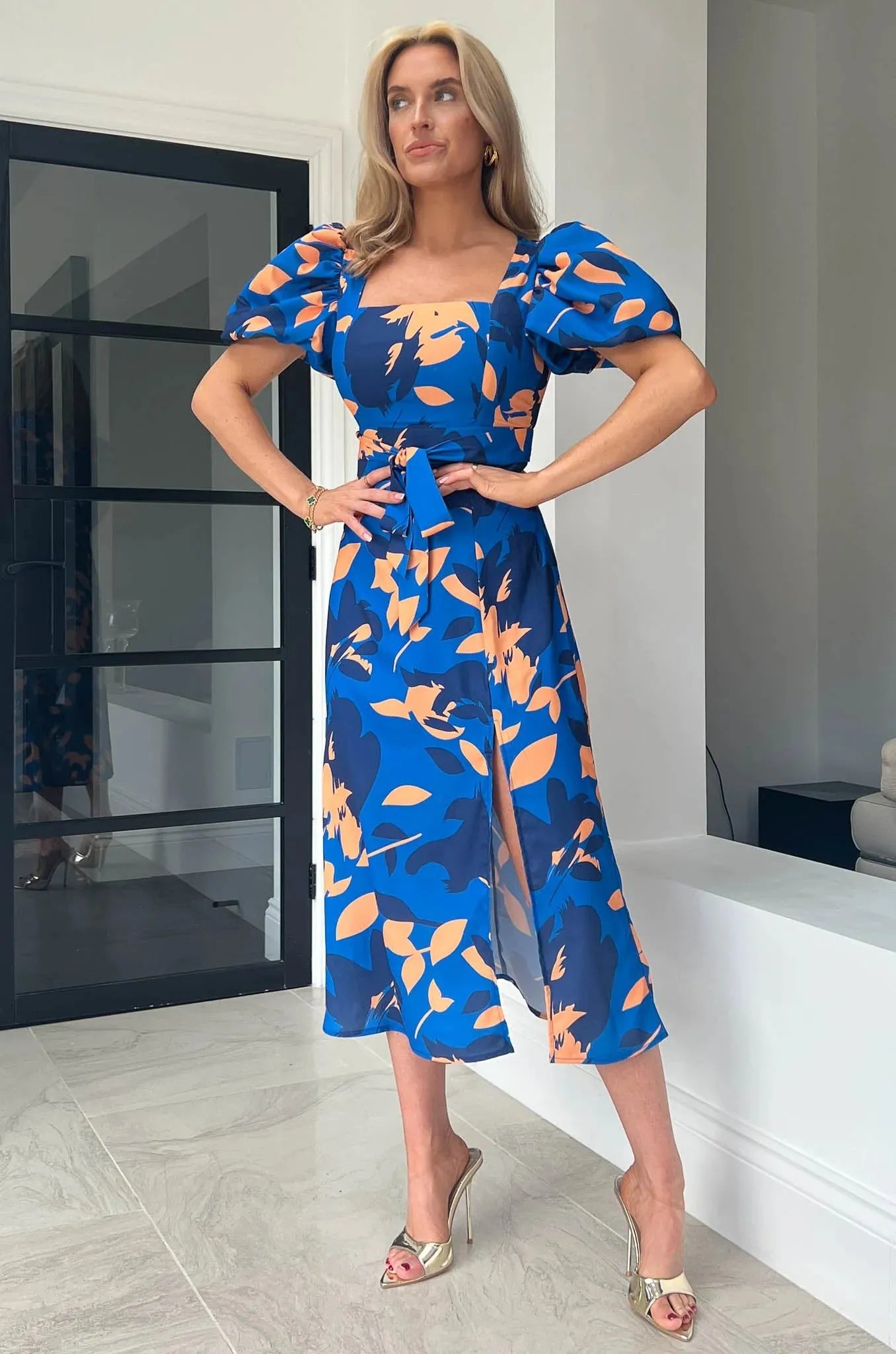 Callie Cobalt & Orange Puff Sleeve Midi Dress