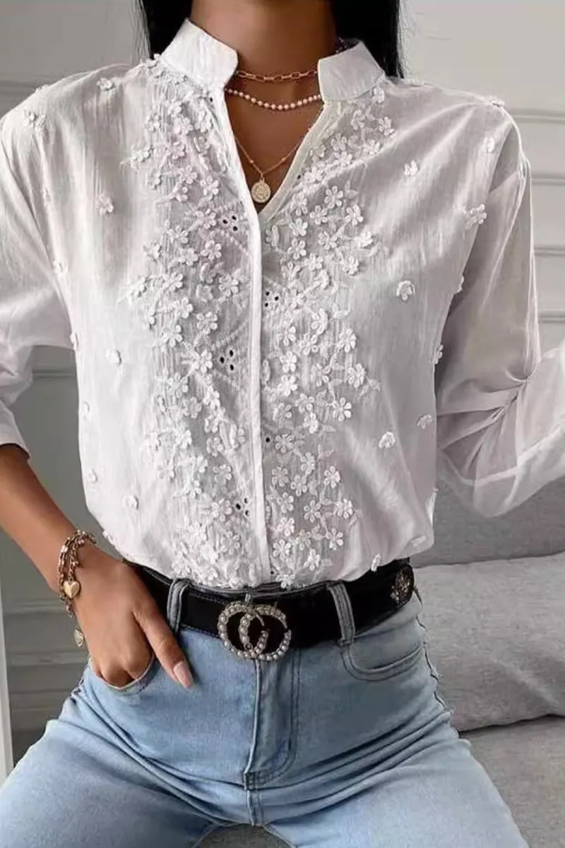 Casual Daily Embroidered Hollow Out V Neck Blouses