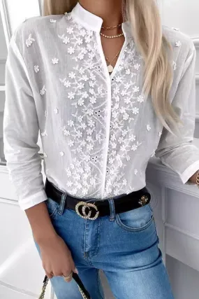 Casual Daily Embroidered Hollow Out V Neck Blouses