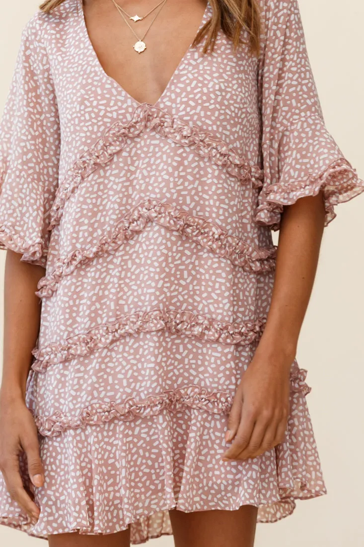 Chasing Daisies Fluted Sleeve Frill Trim Shift Dress Sprinkle Print Pink