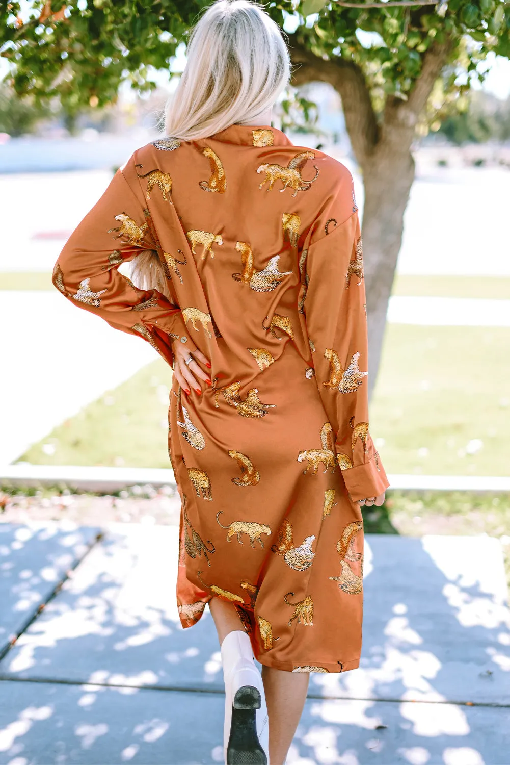 Cheetah Print Button-Up Split Shirt Dress