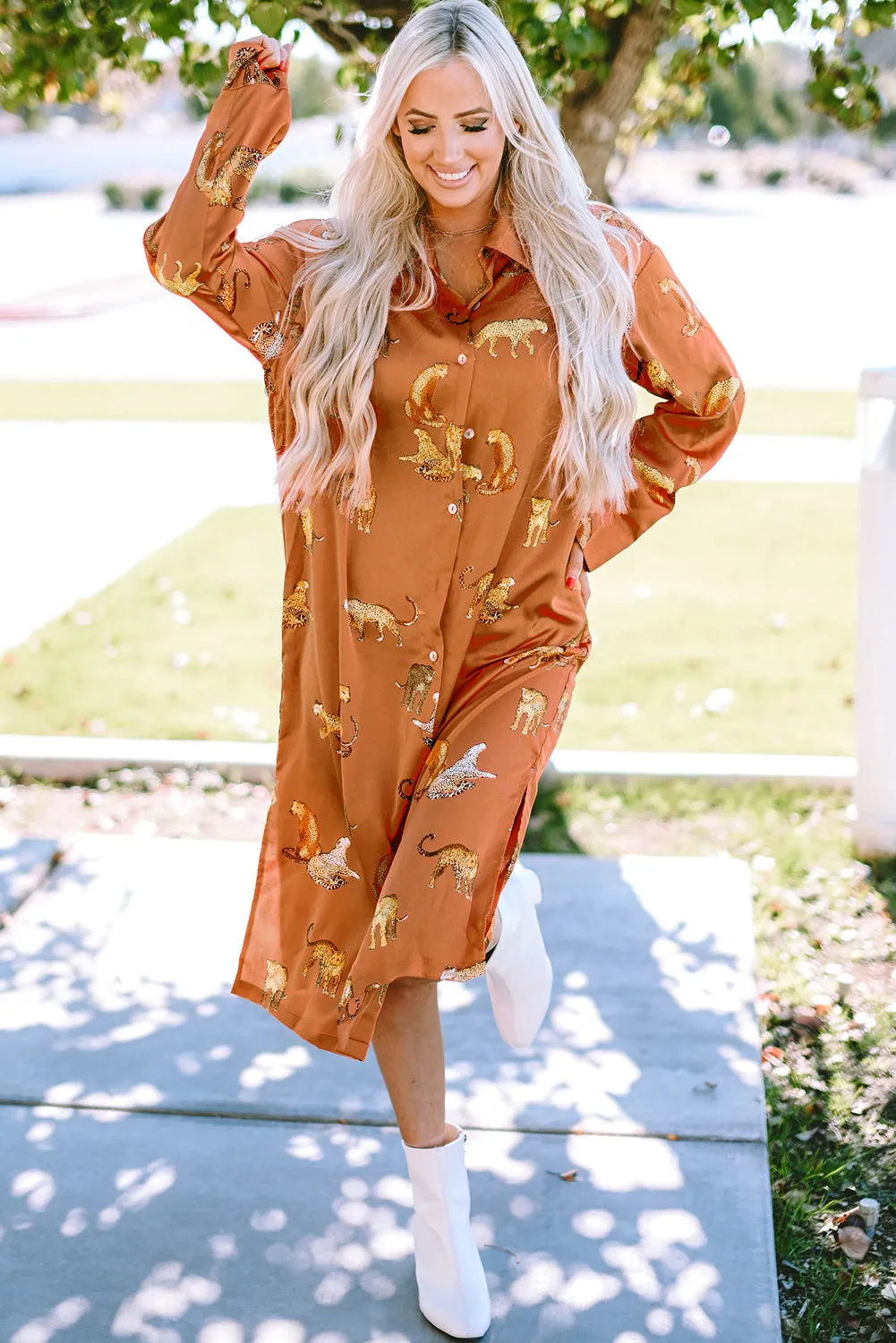 Cheetah Print Button-Up Split Shirt Dress