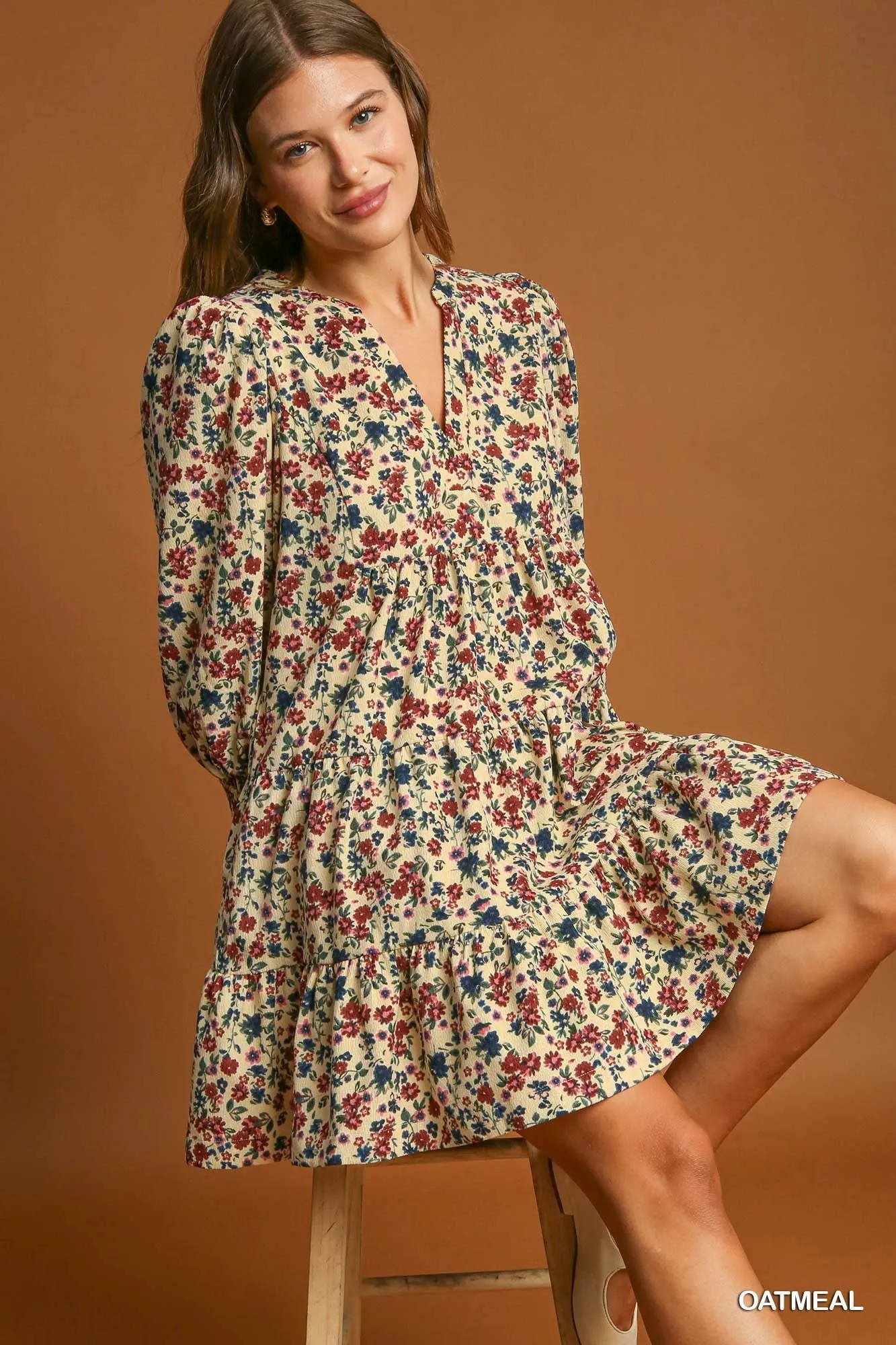 Cream w/ All Over Floral Corduroy Dress