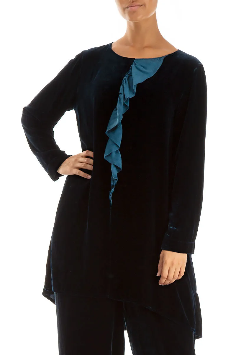 Decorated Peacock Blue Silk Velvet Tunic