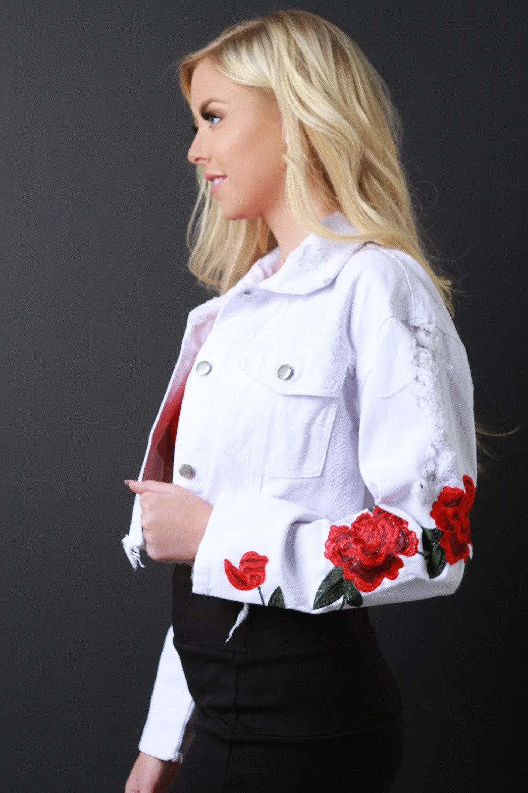 Distressed Floral Embroidery Crop Denim Jacket