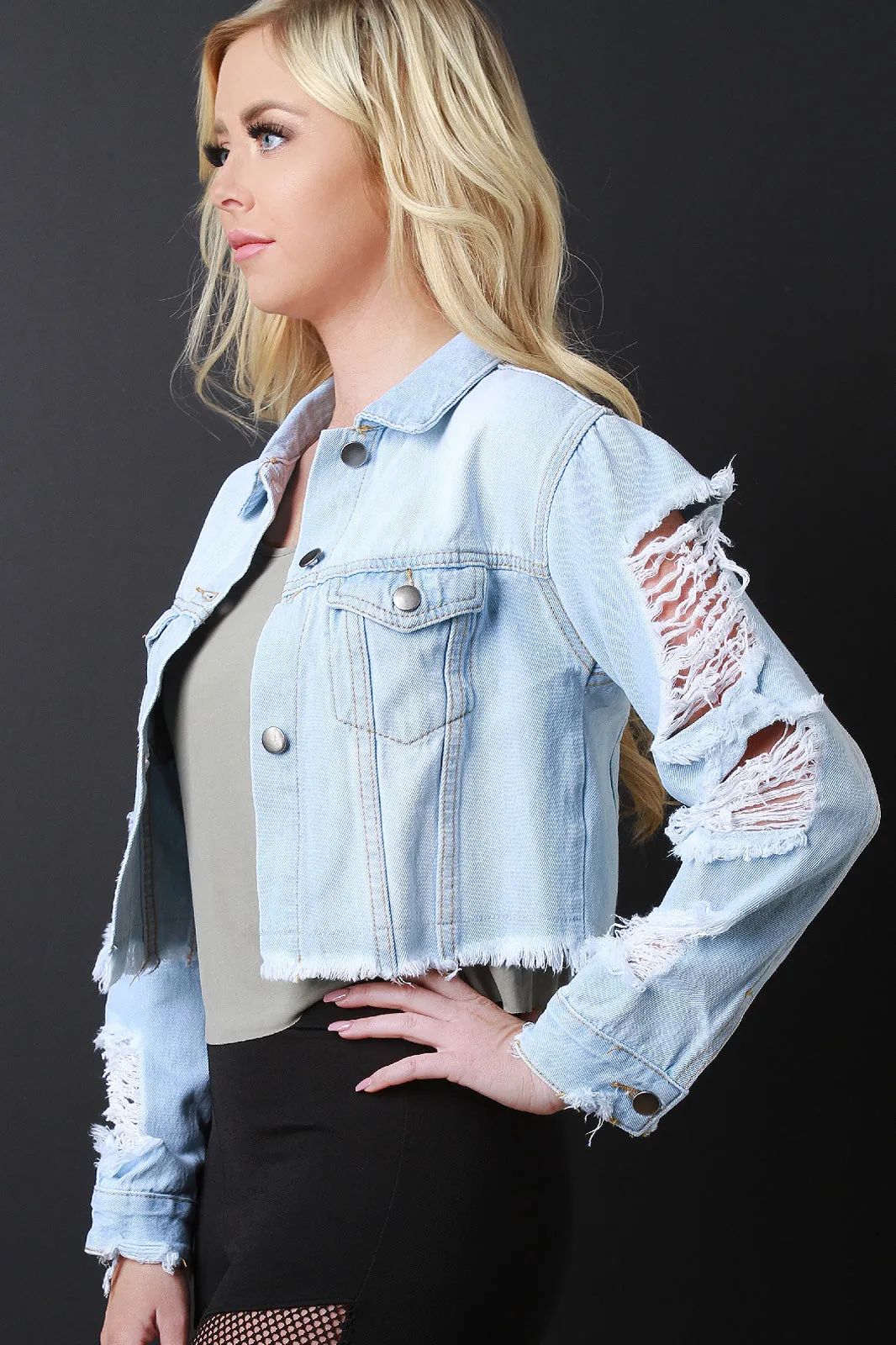 Distressed Long Sleeves Crop Denim Jacket