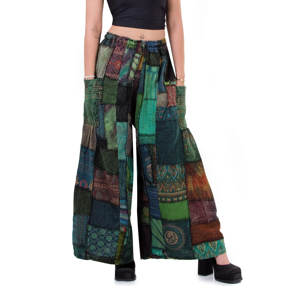 Earthy Brown Patchwork Wide-Leg Palazzo Pants