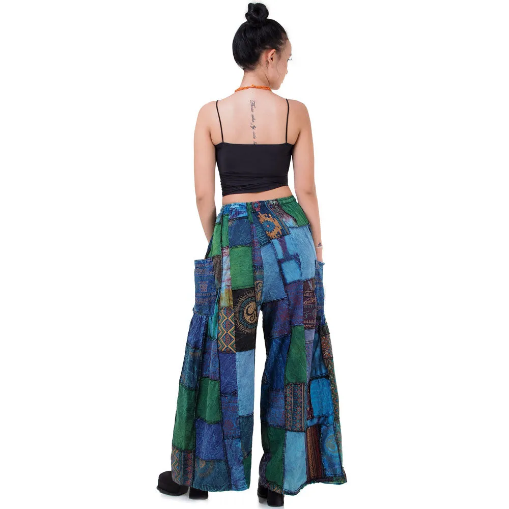 Earthy Brown Patchwork Wide-Leg Palazzo Pants