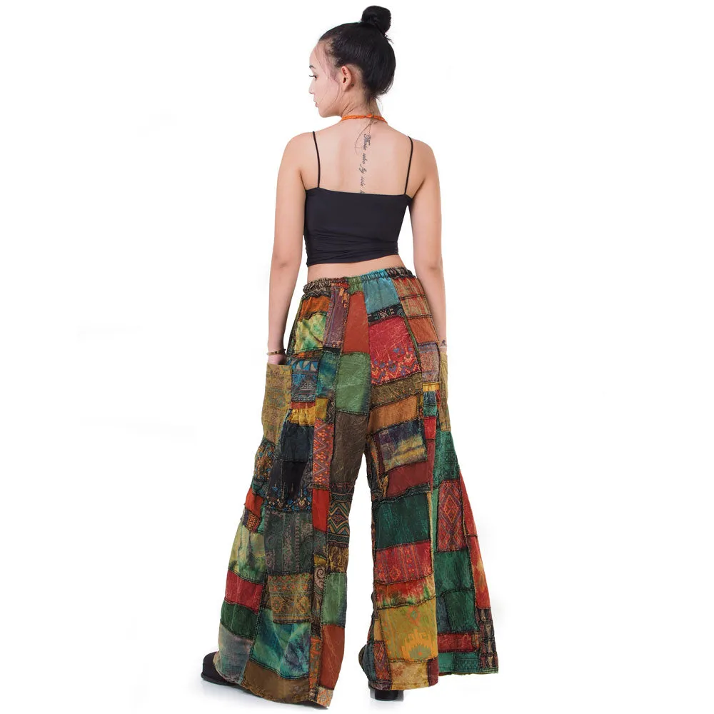 Earthy Brown Patchwork Wide-Leg Palazzo Pants