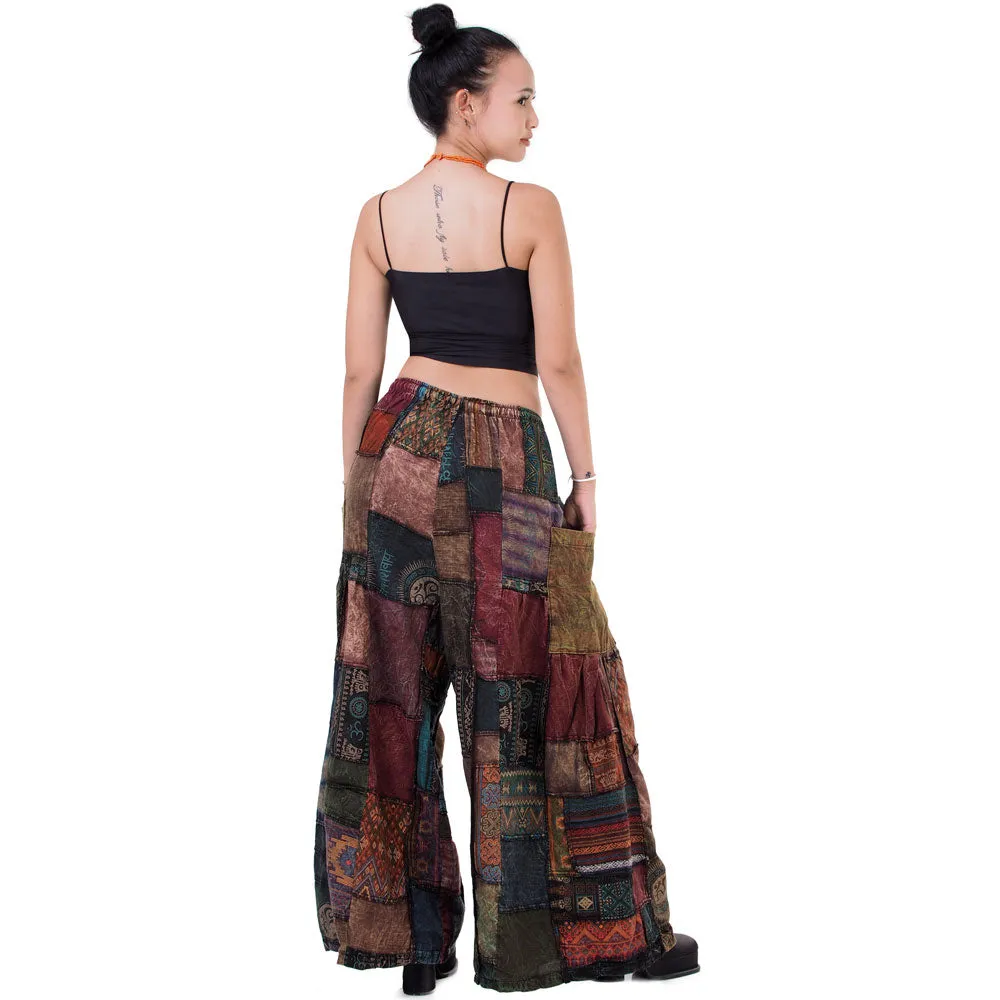 Earthy Brown Patchwork Wide-Leg Palazzo Pants