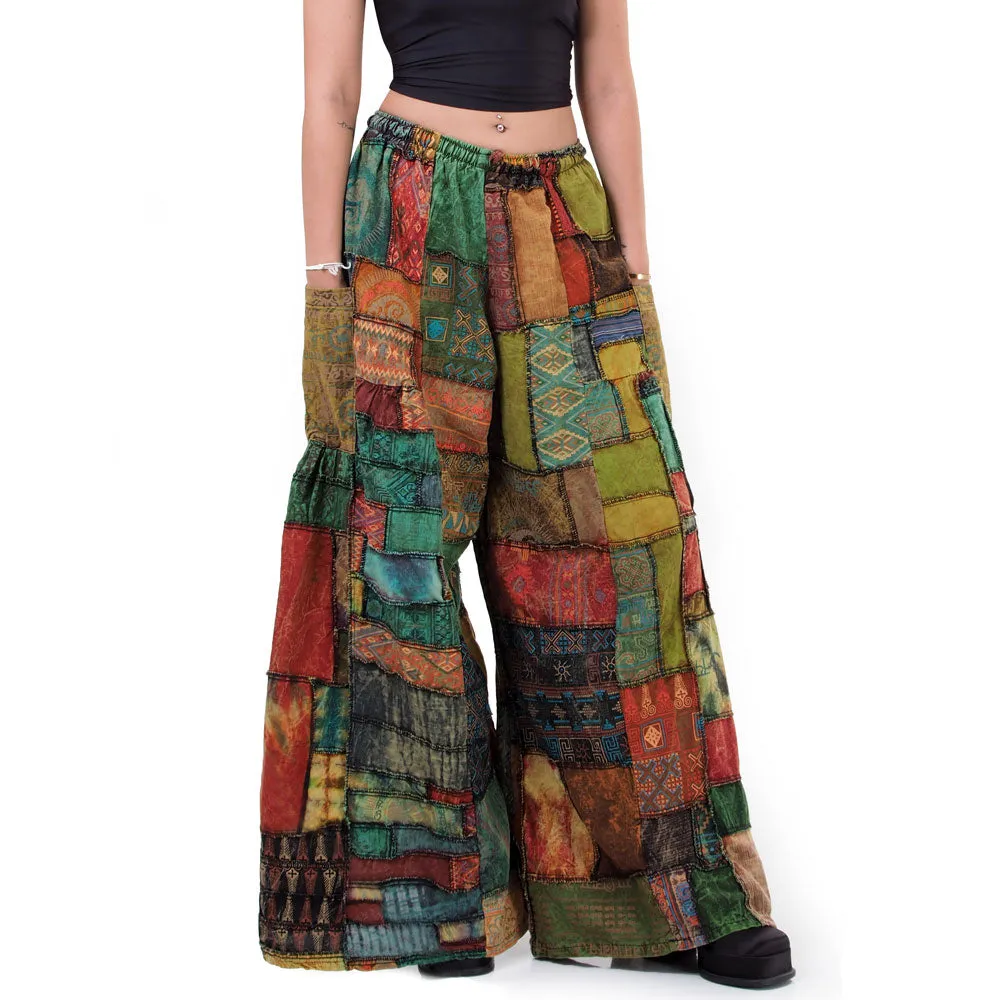 Earthy Brown Patchwork Wide-Leg Palazzo Pants