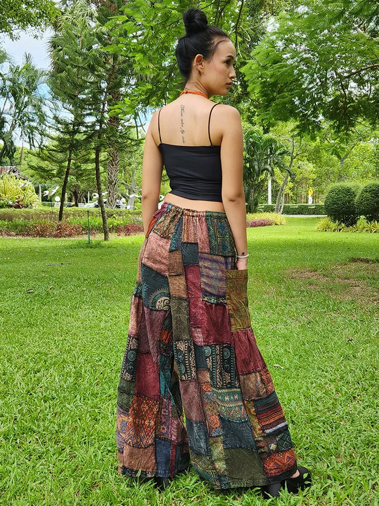 Earthy Brown Patchwork Wide-Leg Palazzo Pants