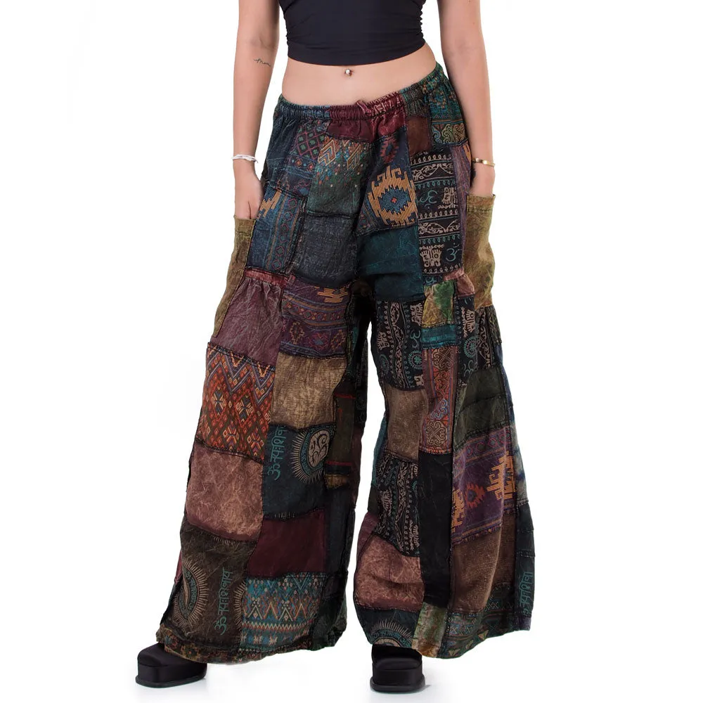 Earthy Brown Patchwork Wide-Leg Palazzo Pants