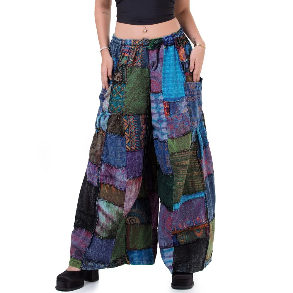 Earthy Brown Patchwork Wide-Leg Palazzo Pants