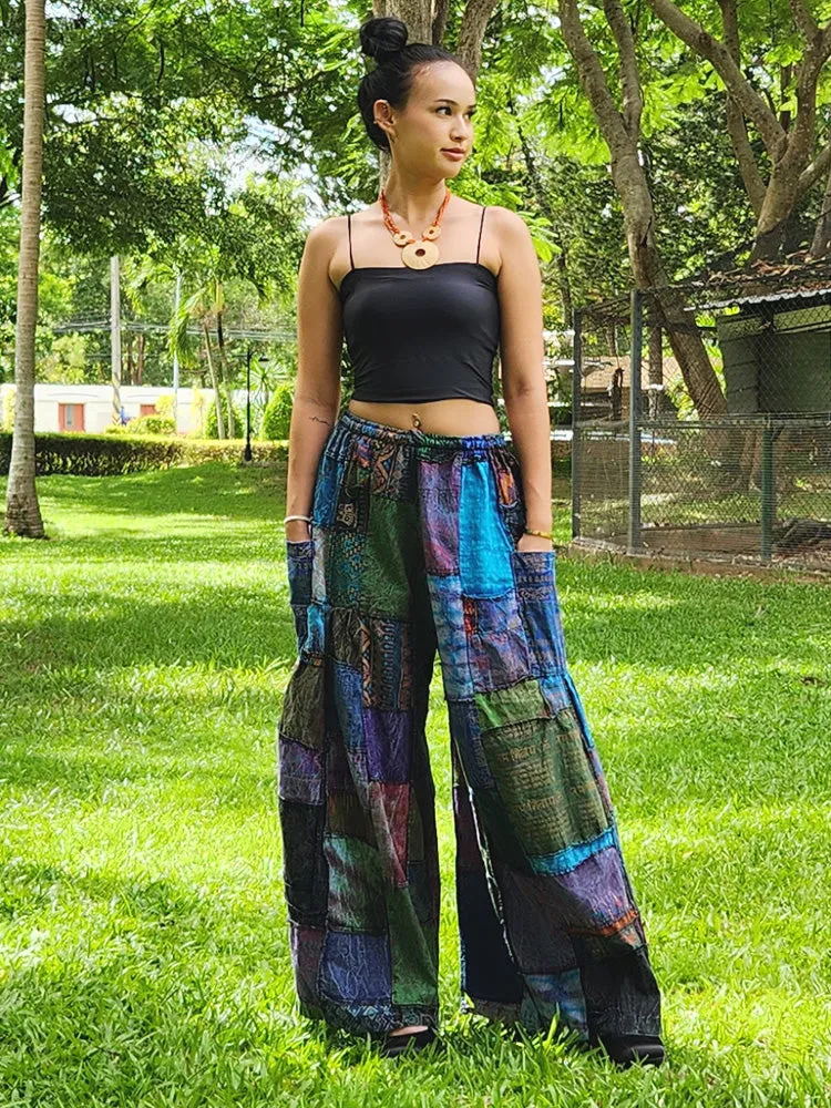 Earthy Brown Patchwork Wide-Leg Palazzo Pants