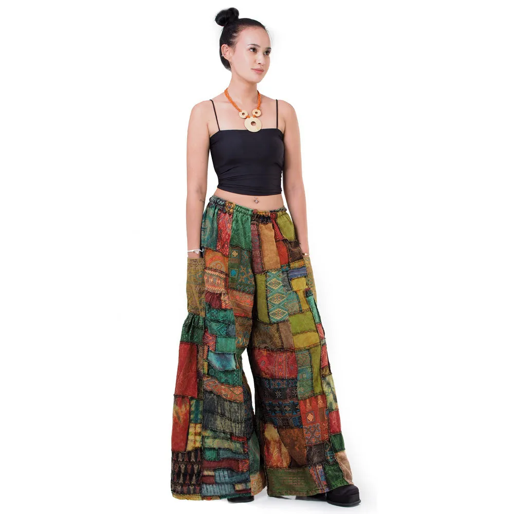 Earthy Brown Patchwork Wide-Leg Palazzo Pants