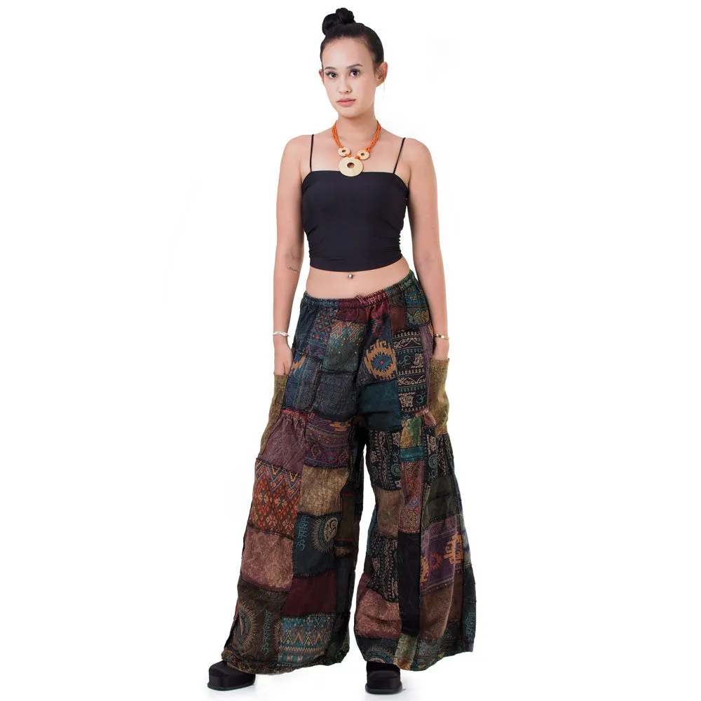 Earthy Brown Patchwork Wide-Leg Palazzo Pants