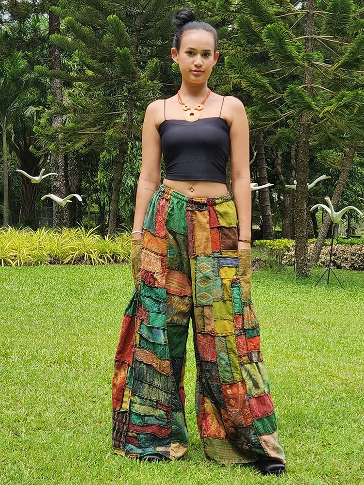 Earthy Brown Patchwork Wide-Leg Palazzo Pants