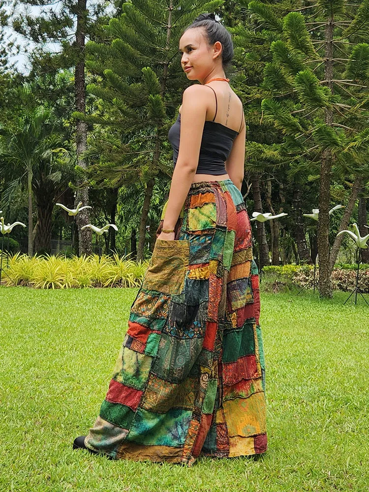 Earthy Brown Patchwork Wide-Leg Palazzo Pants