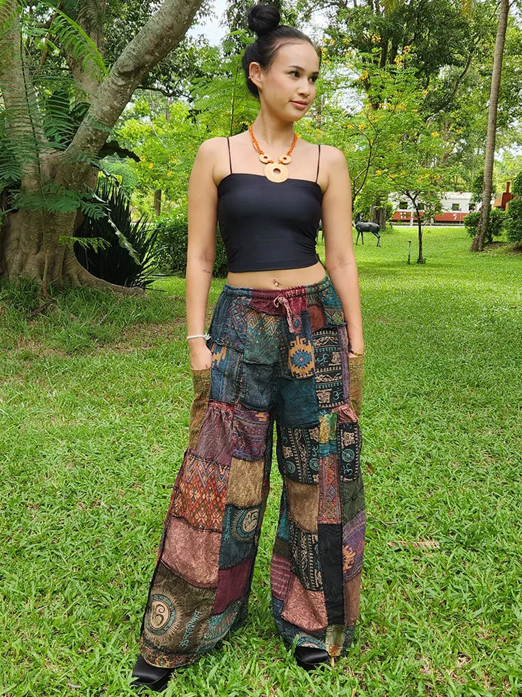 Earthy Brown Patchwork Wide-Leg Palazzo Pants