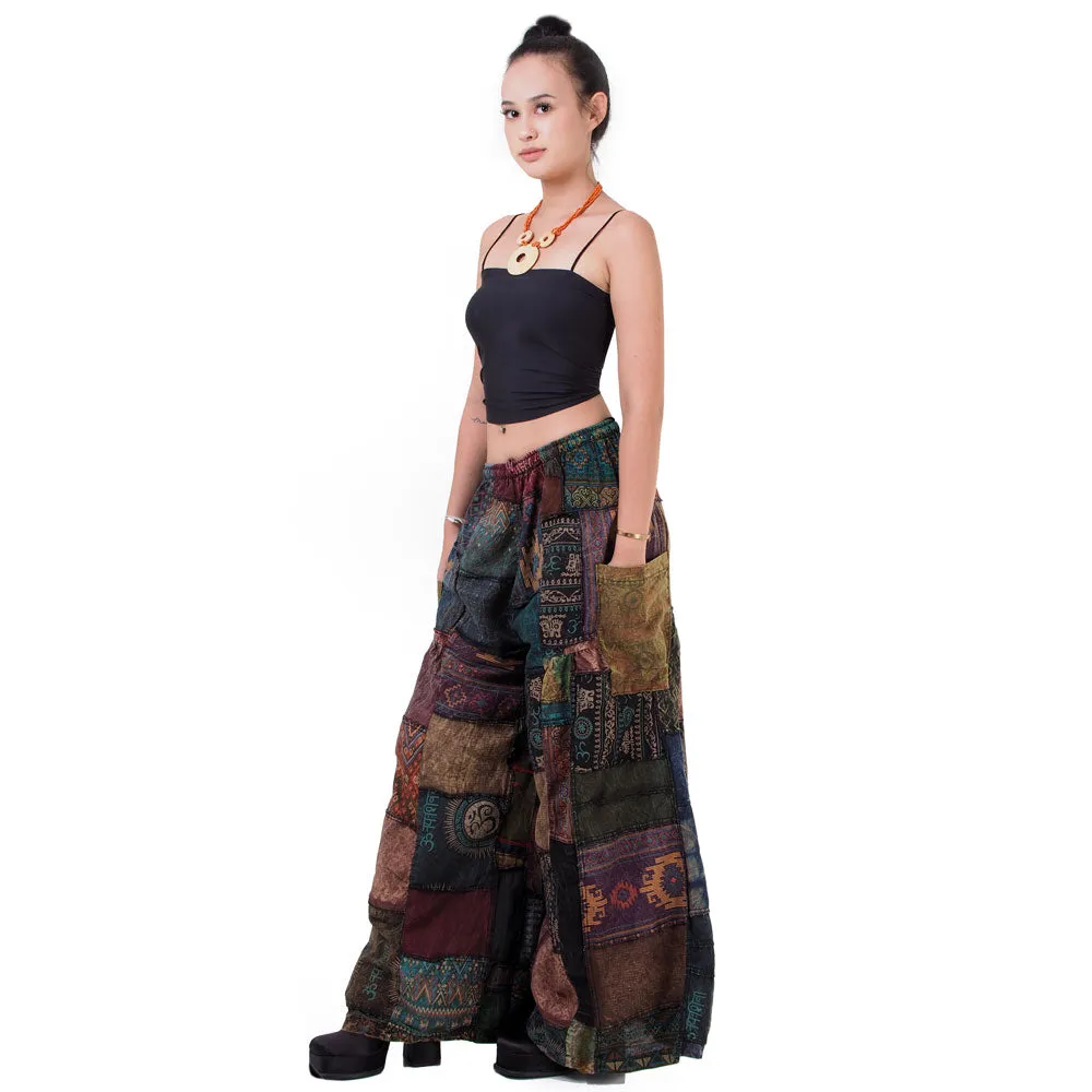 Earthy Brown Patchwork Wide-Leg Palazzo Pants