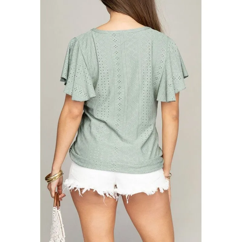 Embroidered eyelet top with wing sleeve