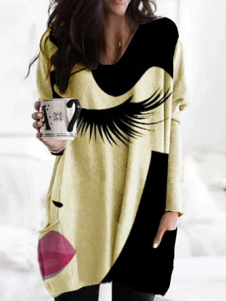 Fashion Loose Lengthened V-neck Printed Irregular Hem Long Sleeve Top