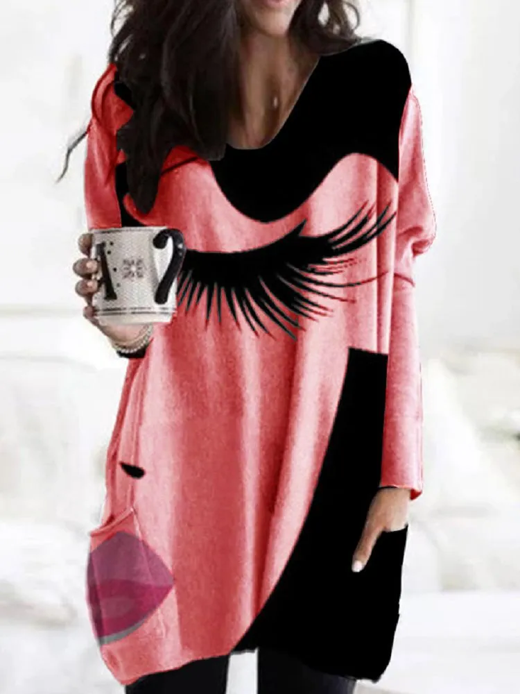 Fashion Loose Lengthened V-neck Printed Irregular Hem Long Sleeve Top