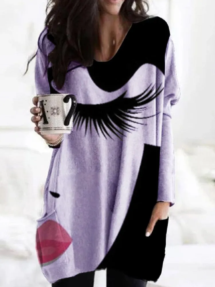 Fashion Loose Lengthened V-neck Printed Irregular Hem Long Sleeve Top