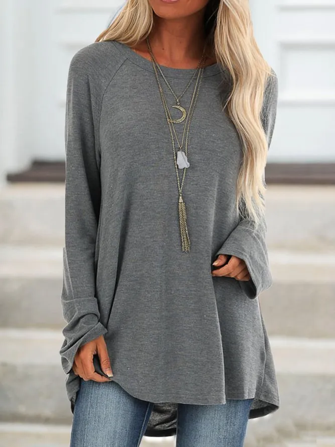 Fashion solid color casual large size round neck loose long sleeve pullover T-shirt