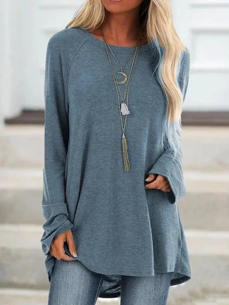 Fashion solid color casual large size round neck loose long sleeve pullover T-shirt