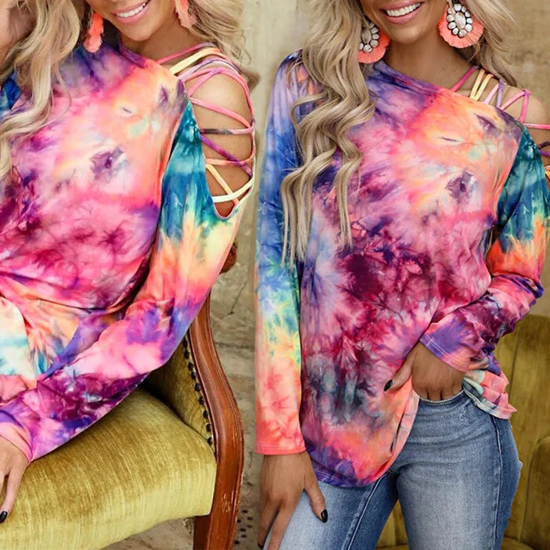 Fashion temperament tie-dye printing long-sleeved strapless sexy casual loose T-shirt women