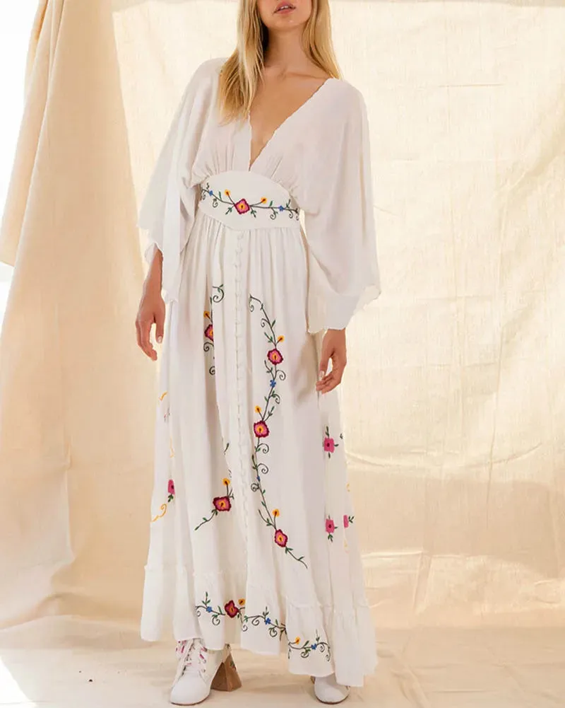 FashionSierra-Long Sleeve Deep V-neck Maxi Women Vintage Rayon Embroidered White Autumn Vestidos 2024 Casual Long Robe Boho Dress