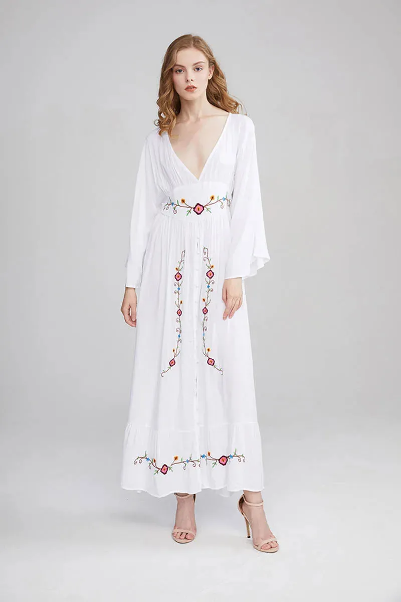 FashionSierra-Long Sleeve Deep V-neck Maxi Women Vintage Rayon Embroidered White Autumn Vestidos 2024 Casual Long Robe Boho Dress