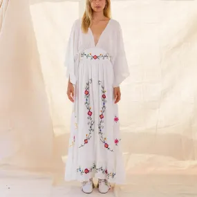 FashionSierra-Long Sleeve Deep V-neck Maxi Women Vintage Rayon Embroidered White Autumn Vestidos 2024 Casual Long Robe Boho Dress