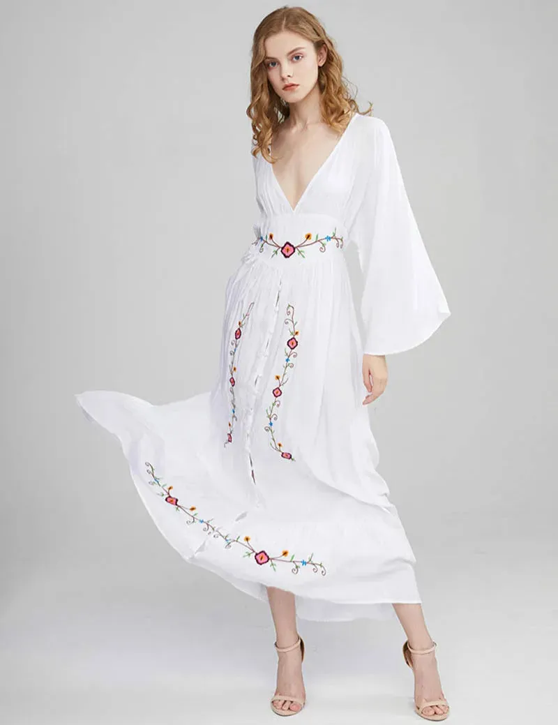 FashionSierra-Long Sleeve Deep V-neck Maxi Women Vintage Rayon Embroidered White Autumn Vestidos 2024 Casual Long Robe Boho Dress