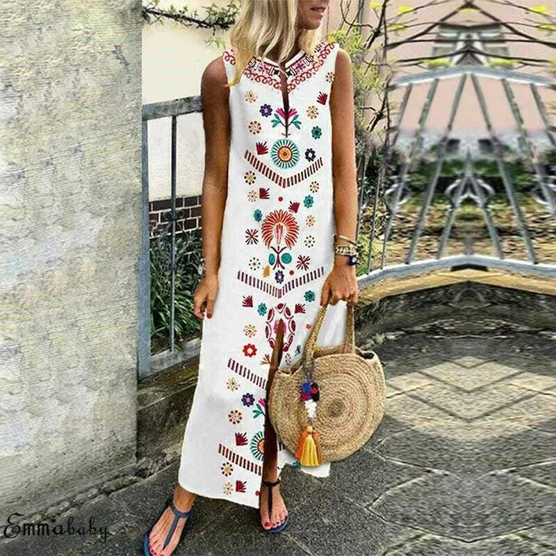 FashionSierra - New Women Boho Floral Sleeveless Slit Fashion Ladies Long Holiday Casual Summer Print Beach Dress Sundress Hot