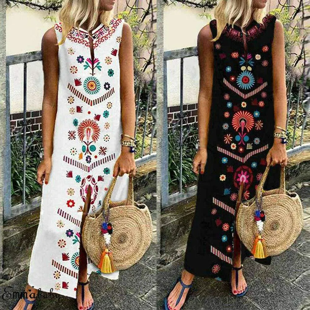 FashionSierra - New Women Boho Floral Sleeveless Slit Fashion Ladies Long Holiday Casual Summer Print Beach Dress Sundress Hot