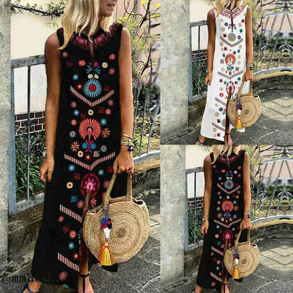 FashionSierra - New Women Boho Floral Sleeveless Slit Fashion Ladies Long Holiday Casual Summer Print Beach Dress Sundress Hot