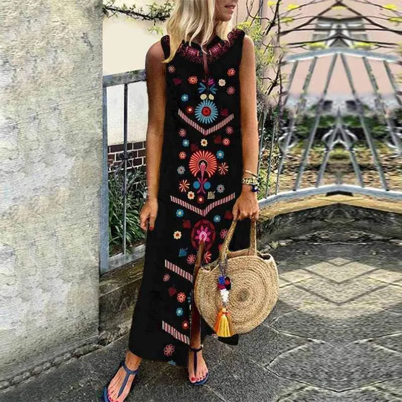 FashionSierra - New Women Boho Floral Sleeveless Slit Fashion Ladies Long Holiday Casual Summer Print Beach Dress Sundress Hot