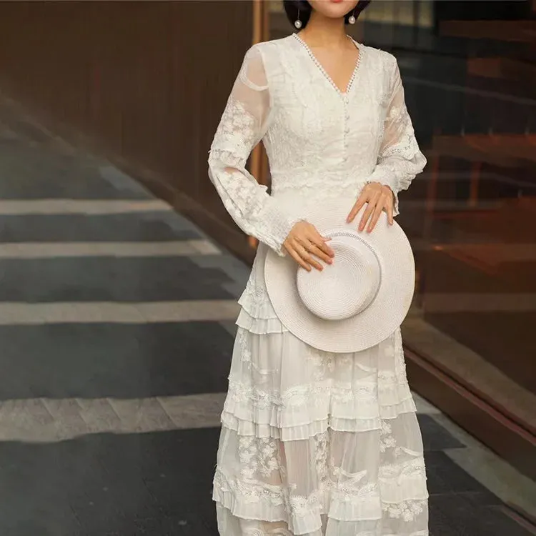 FashionSierra-Vintage  Long Sleeve  Party  Casual  Deep V  Floral Embroidery  Summer  Lace Boho Dress