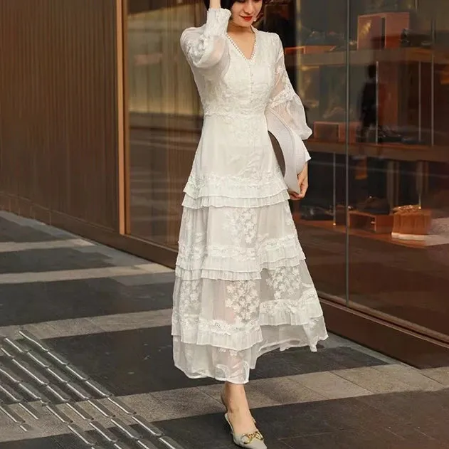 FashionSierra-Vintage  Long Sleeve  Party  Casual  Deep V  Floral Embroidery  Summer  Lace Boho Dress