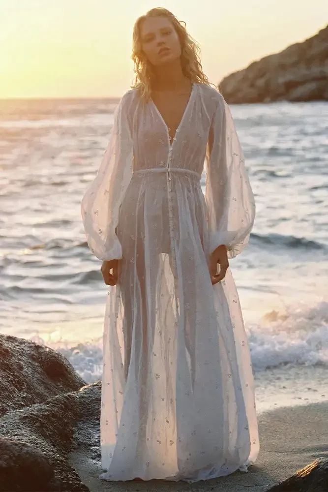 FashionSierra-Vintage V Neck Lantern Long Sleeve Maxi for Women Robe Casual Cotton Embroidery Summer Beach Vestidos Boho Dress