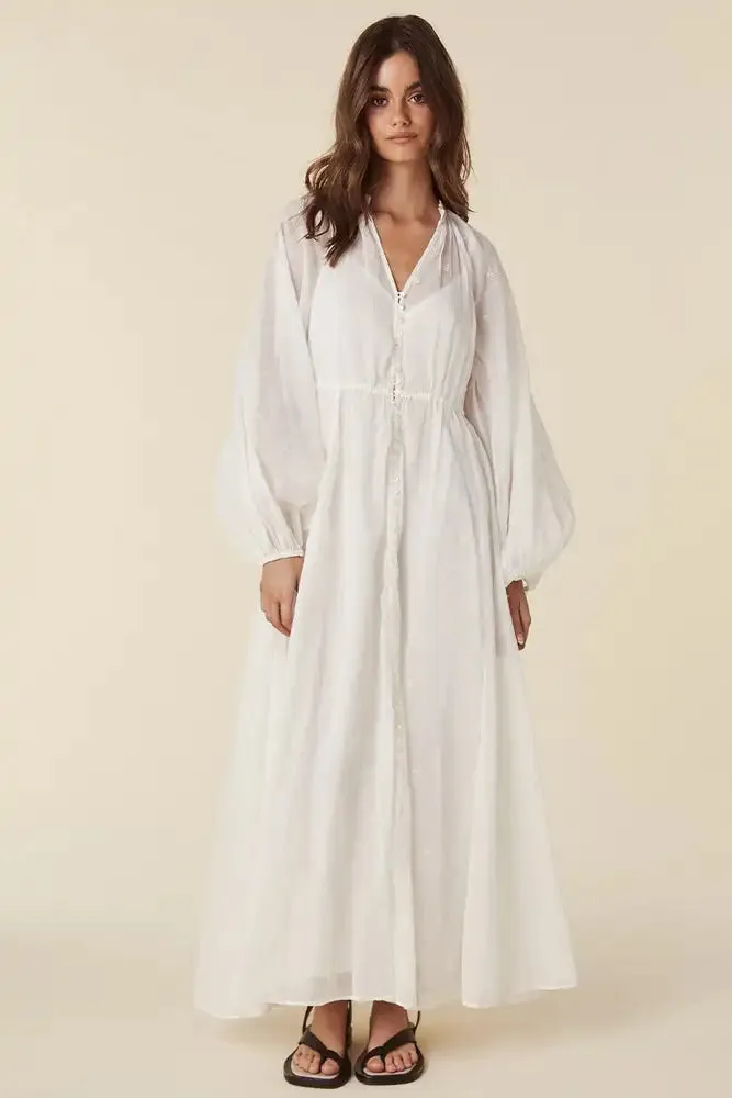 FashionSierra-Vintage V Neck Lantern Long Sleeve Maxi for Women Robe Casual Cotton Embroidery Summer Beach Vestidos Boho Dress