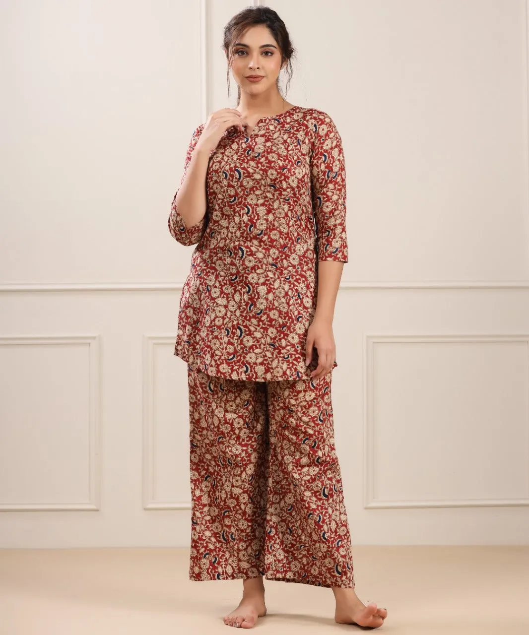 Floral Canopy on Red Cotton Palazzo Loungewear Set