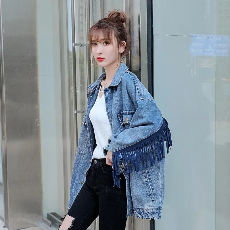 Floral Embroidered Fringed Denim Jacket