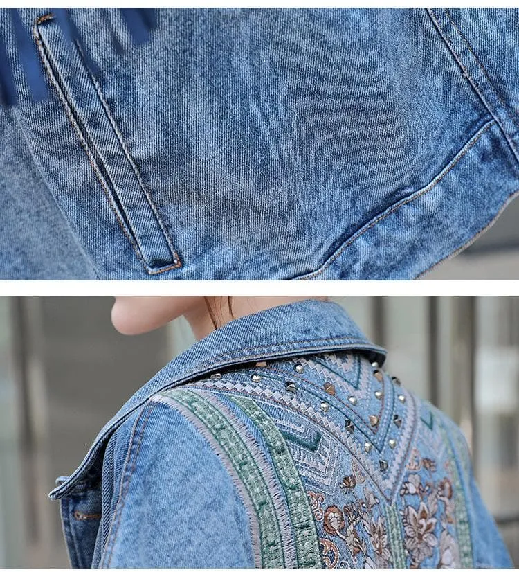 Floral Embroidered Fringed Denim Jacket