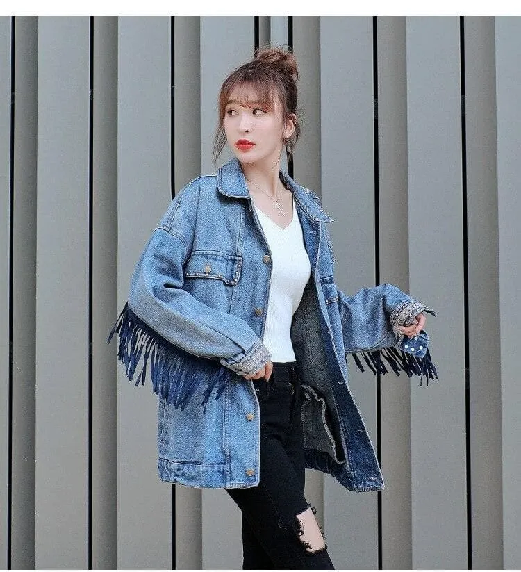 Floral Embroidered Fringed Denim Jacket