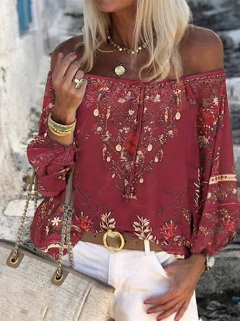 Floral Print Blouse Women Lace Thin Long Sleeve Off Shoulder Summer Tops Shirts