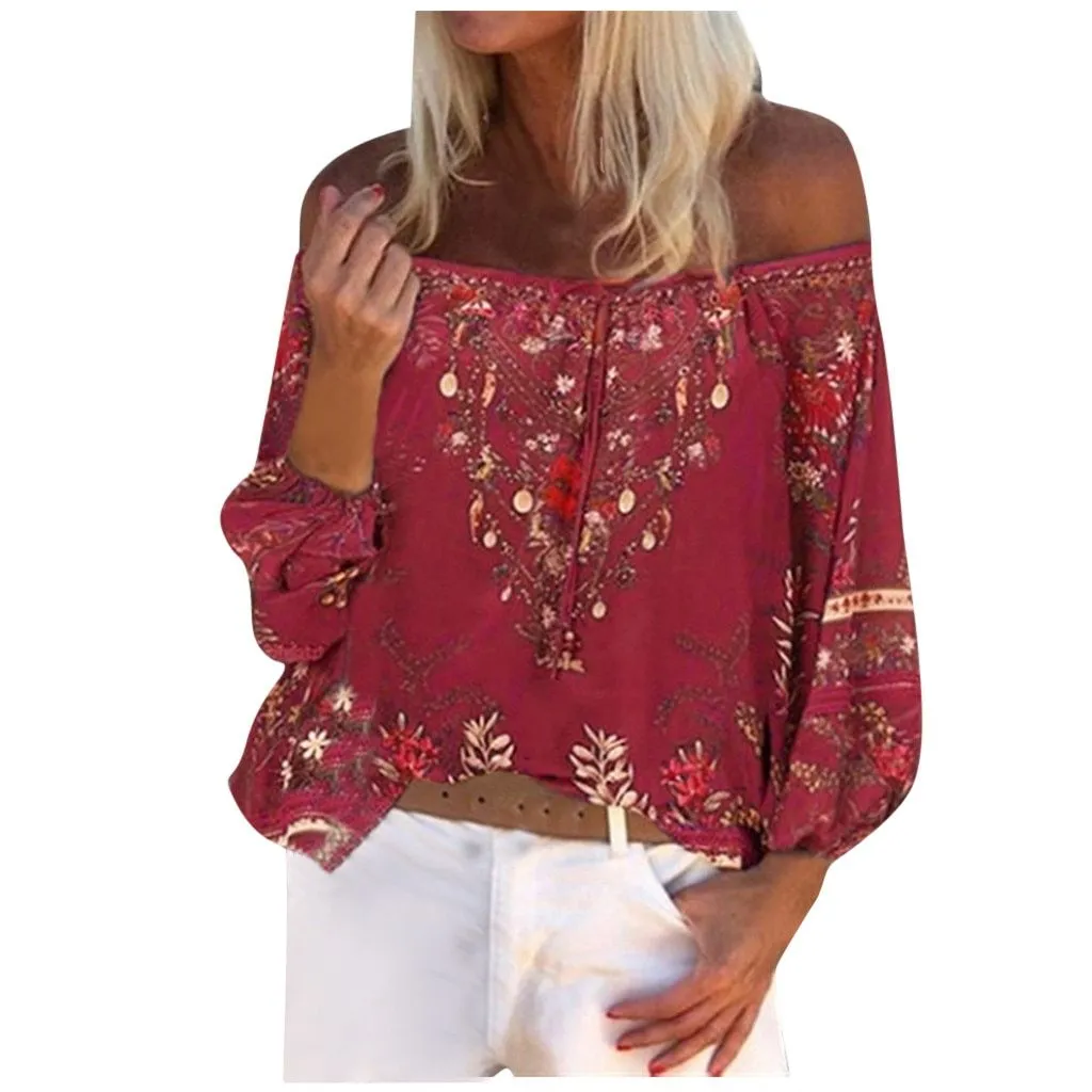 Floral Print Blouse Women Lace Thin Long Sleeve Off Shoulder Summer Tops Shirts